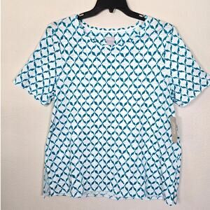 Chico's Ikat Button Back Shirt Women's L Tropical Teal Cruise Summer Wardrobe